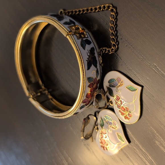 Jewelry - Vintage Cloisonne Floral Enamel Bangle Bracelet And Earrings
